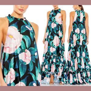 NWT $598 Mac Duggal [ 16 ] 11406 High Neck Babydoll Dress in Black‎ Floral